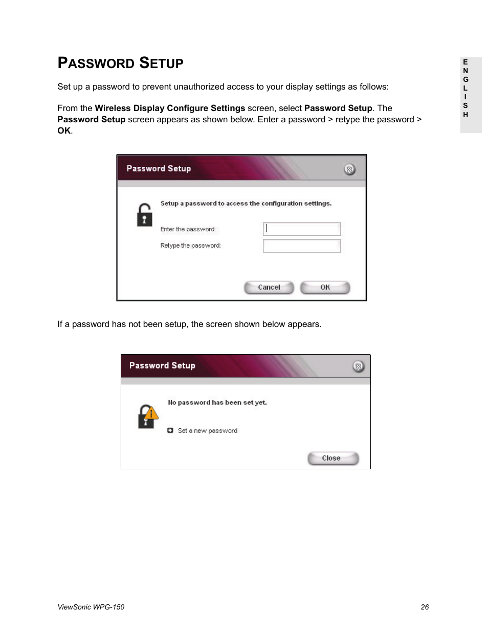 Password setup, Assword, Etup | VIEWSONIC WPG-150 User Manual | Page 30 / 42