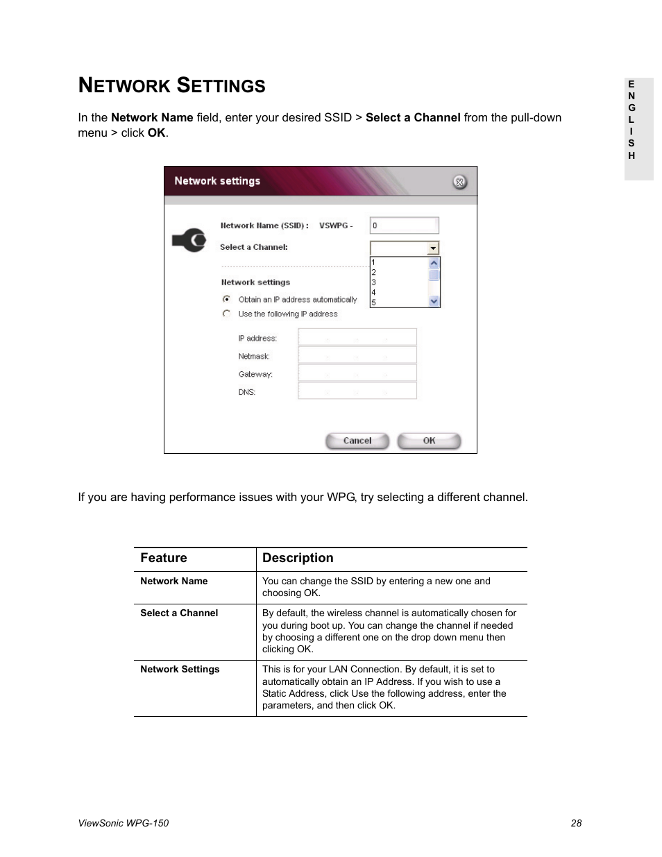 Network settings, Etwork, Ettings | VIEWSONIC WPG-150 User Manual | Page 32 / 42