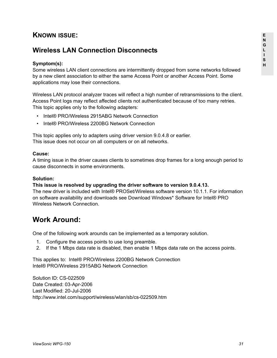 Known issue, Work around, Wireless lan connection disconnects | VIEWSONIC WPG-150 User Manual | Page 35 / 42