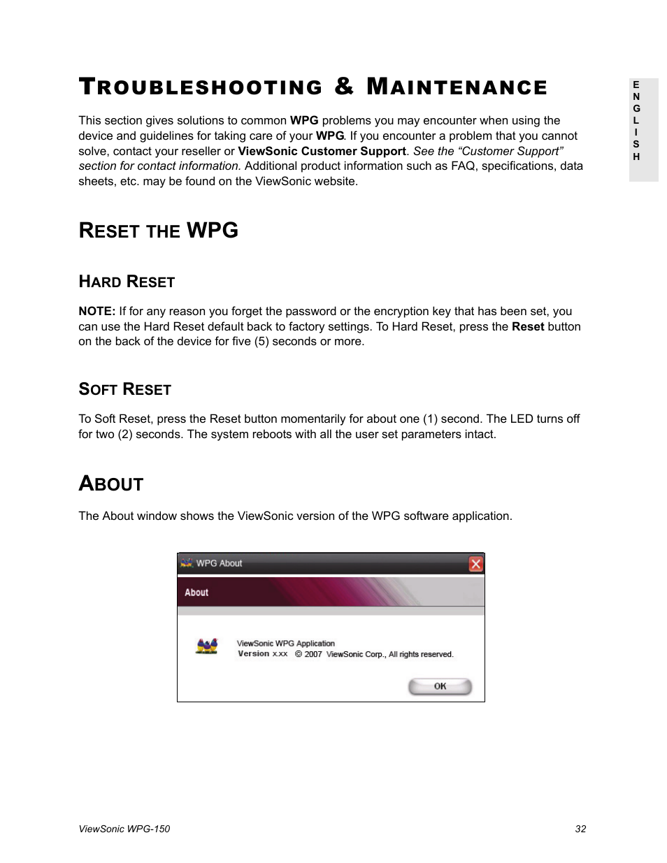 Troubleshooting & maintenance, Reset the wpg, Hard reset | Soft reset, About, Roubleshooting, Aintenance | VIEWSONIC WPG-150 User Manual | Page 36 / 42