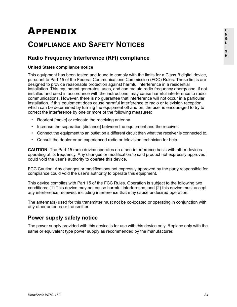 Appendix, Compliance and safety notices, Ppendix | Ompliance, Afety, Otices | VIEWSONIC WPG-150 User Manual | Page 38 / 42