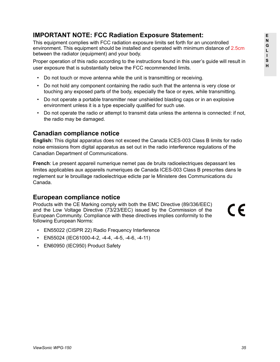 Canadian compliance notice, European compliance notice | VIEWSONIC WPG-150 User Manual | Page 39 / 42