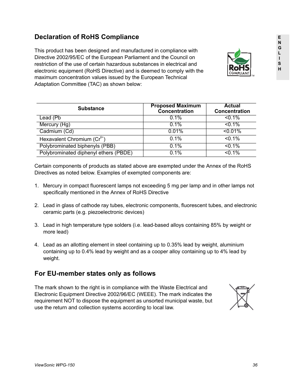 Declaration of rohs compliance, For eu-member states only as follows | VIEWSONIC WPG-150 User Manual | Page 40 / 42