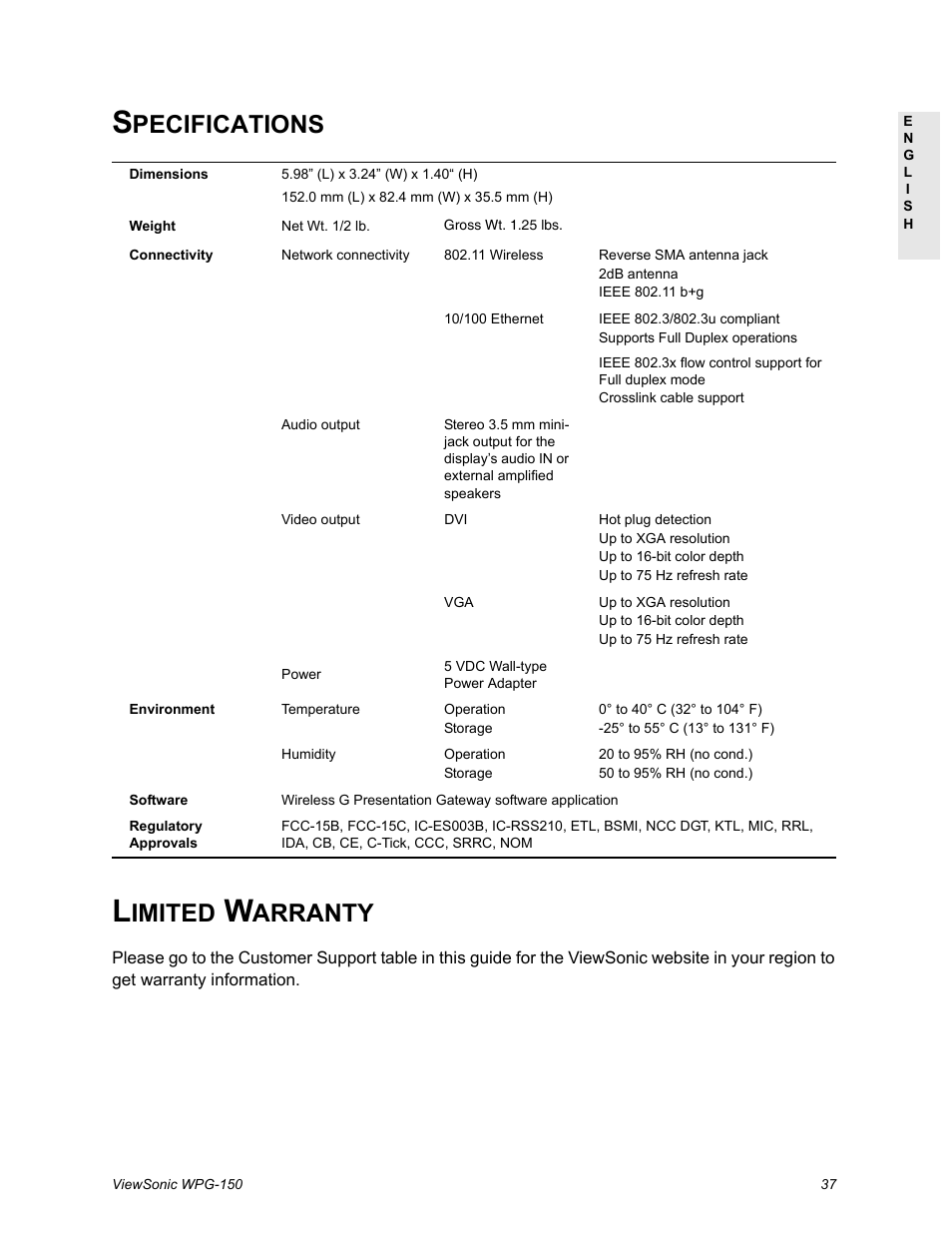 Specifications, Limited warranty, Pecifications | Imited, Arranty | VIEWSONIC WPG-150 User Manual | Page 41 / 42