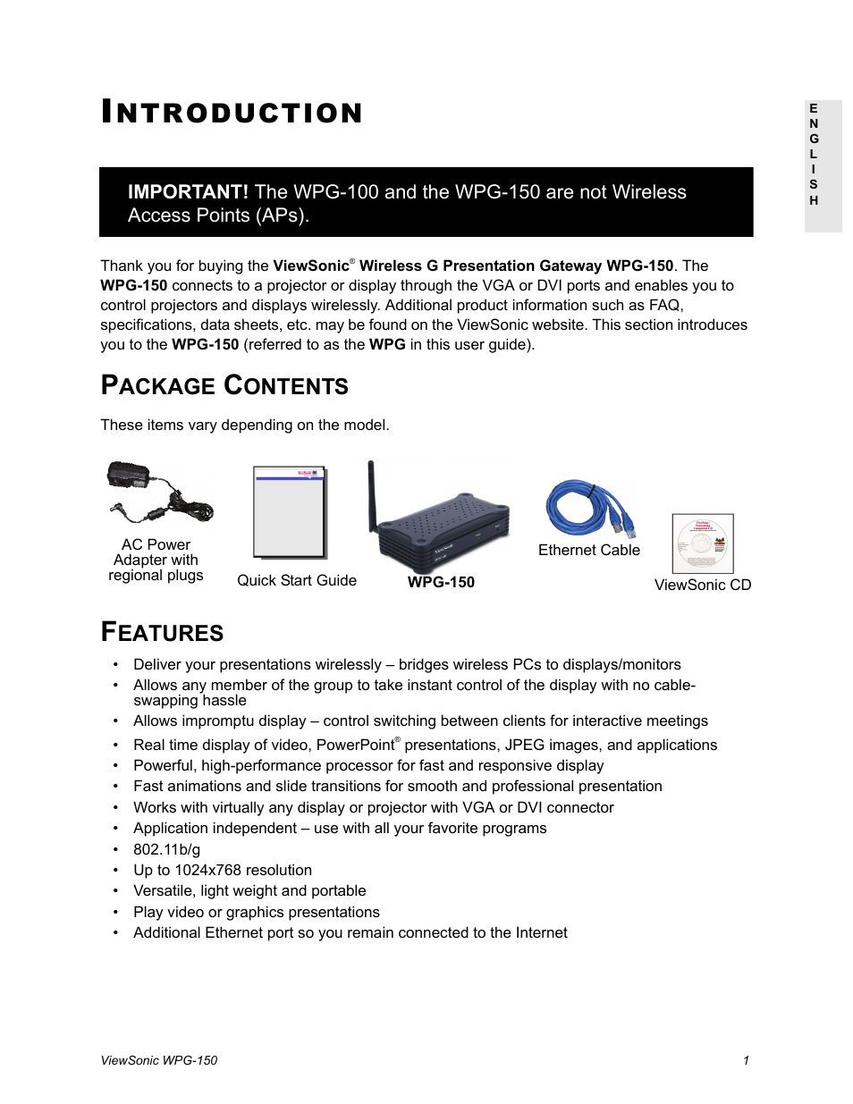 Introduction, Package contents, Features | Ntroduction, Ackage, Ontents, Eatures | VIEWSONIC WPG-150 User Manual | Page 5 / 42