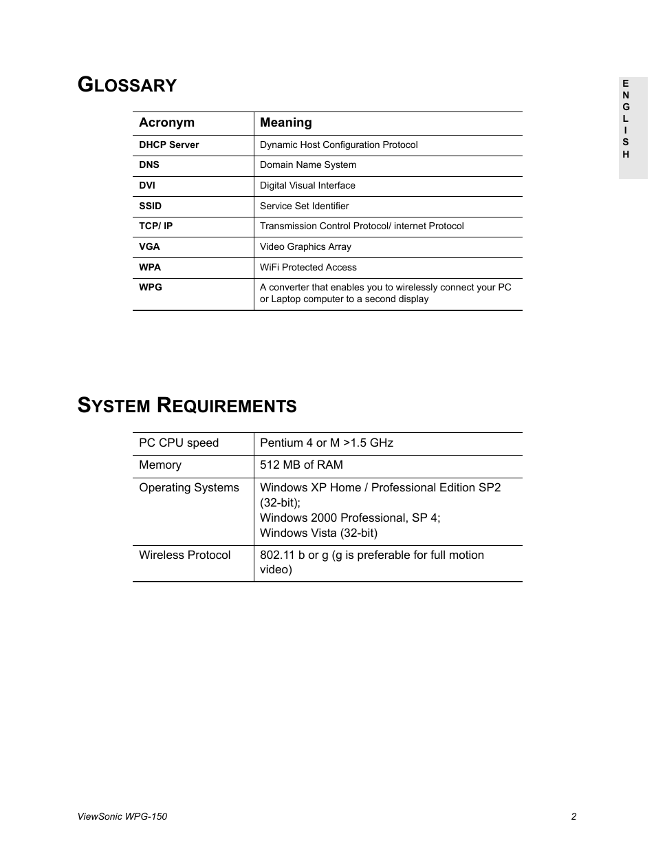 Glossary, System requirements, Lossary | Ystem, Equirements | VIEWSONIC WPG-150 User Manual | Page 6 / 42