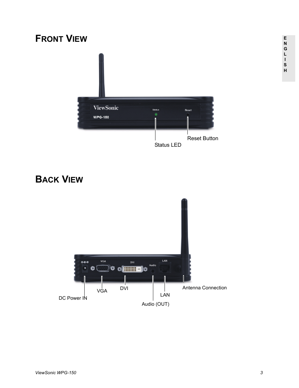 Front view, Back view | VIEWSONIC WPG-150 User Manual | Page 7 / 42