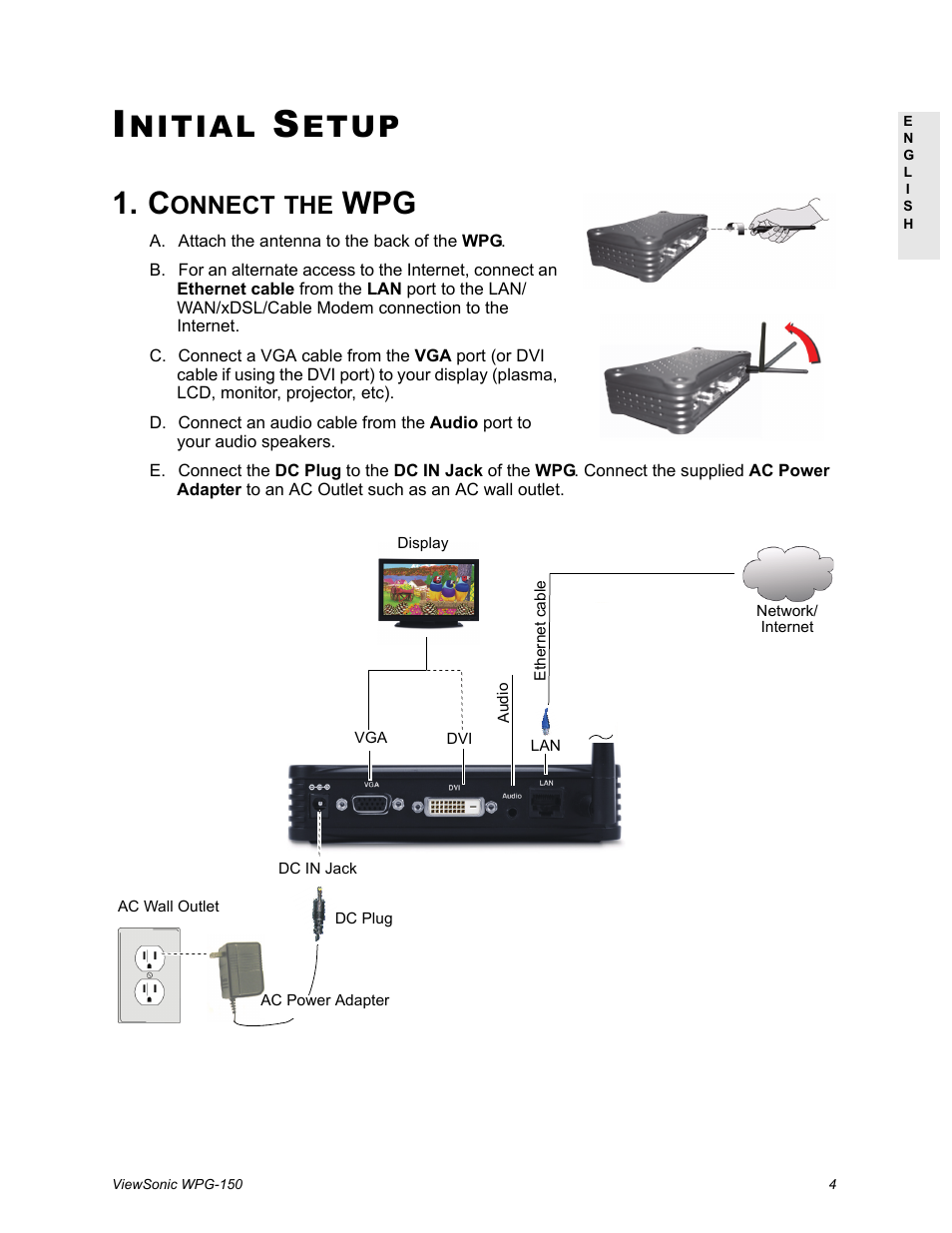 Initial setup, Connect the wpg, Nitial | Etup, Onnect | VIEWSONIC WPG-150 User Manual | Page 8 / 42