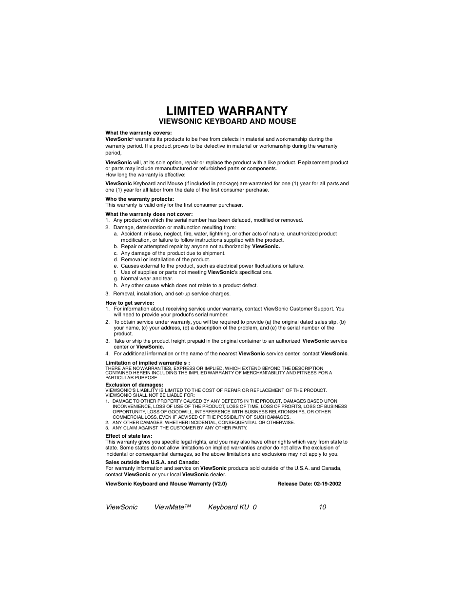 Limited warranty, Viewsonic keyboard and mouse | VIEWSONIC KU709 User Manual | Page 11 / 12