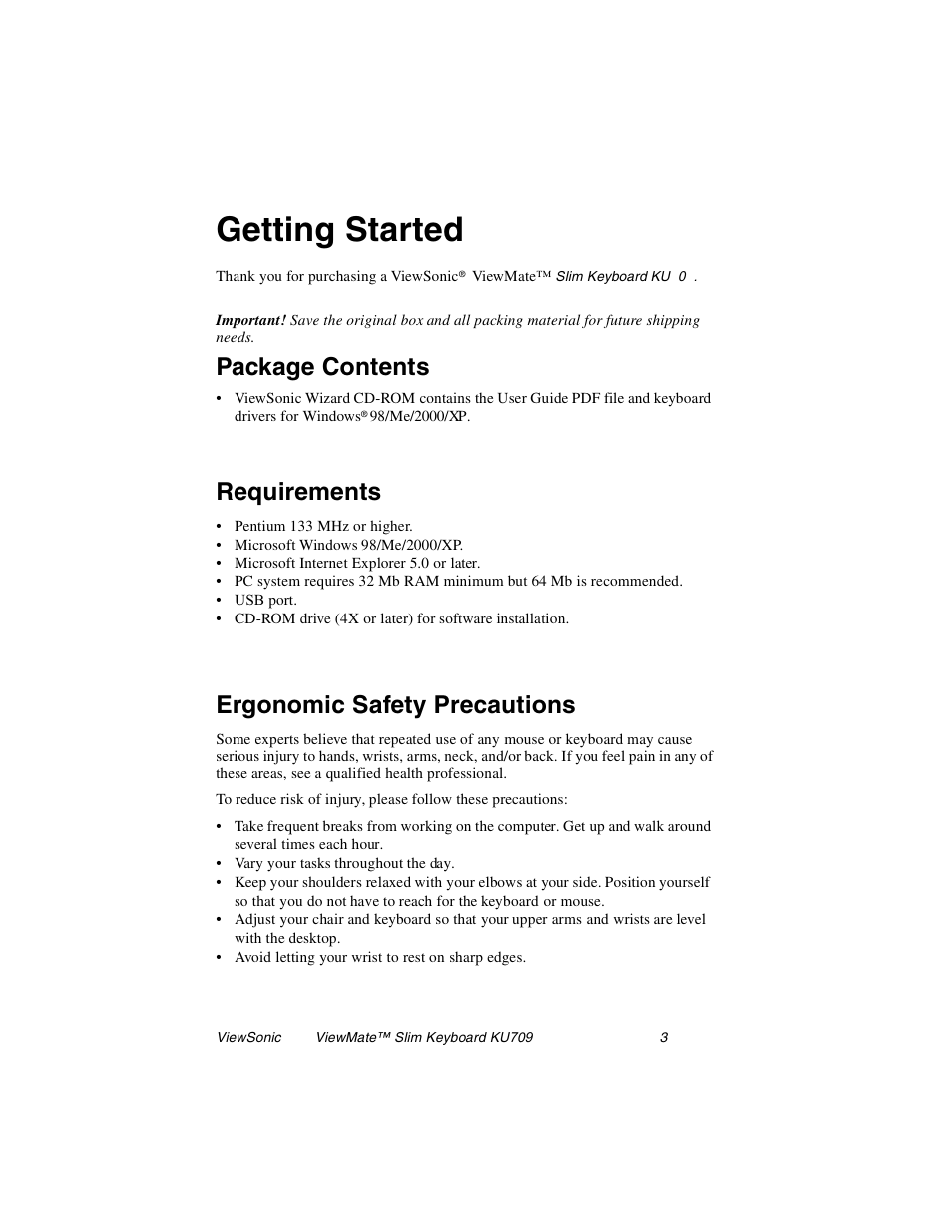 Getting started, Package contents, Requirements | Ergonomic safety precautions | VIEWSONIC KU709 User Manual | Page 4 / 12