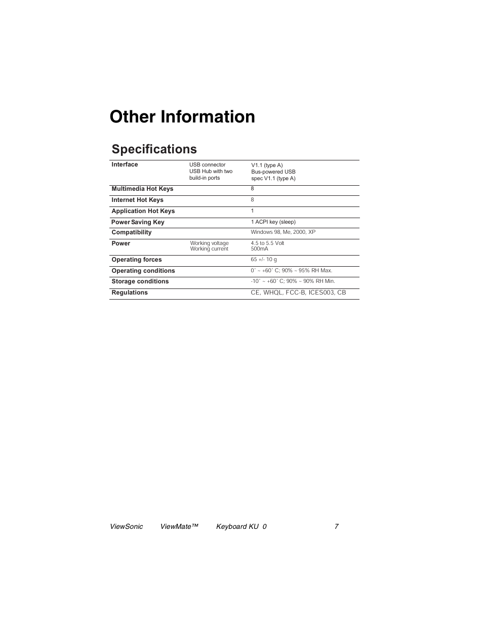 Other information, Pecifications | VIEWSONIC KU709 User Manual | Page 8 / 12