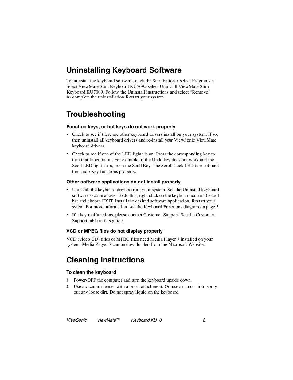 Uninstalling keyboard software, Troubleshooting, Cleaning instructions | VIEWSONIC KU709 User Manual | Page 9 / 12