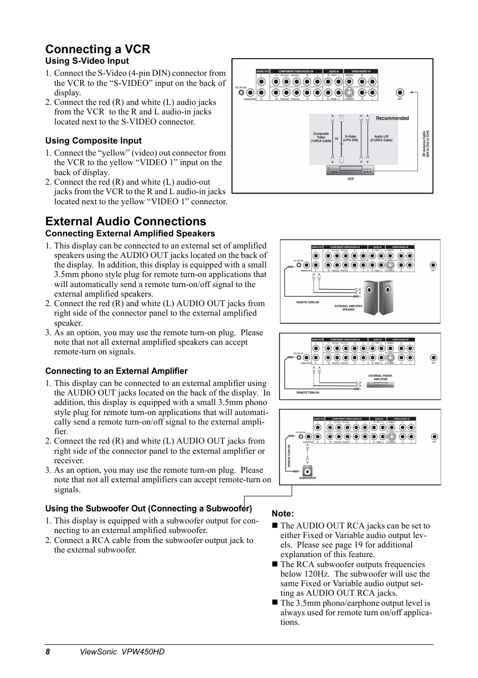 Connecting a vcr, External audio connections | VIEWSONIC VPW450HD User Manual | Page 10 / 48