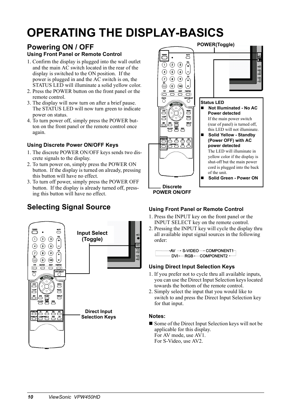 Operating the display-basics, Powering on / off, Selecting signal source | VIEWSONIC VPW450HD User Manual | Page 12 / 48