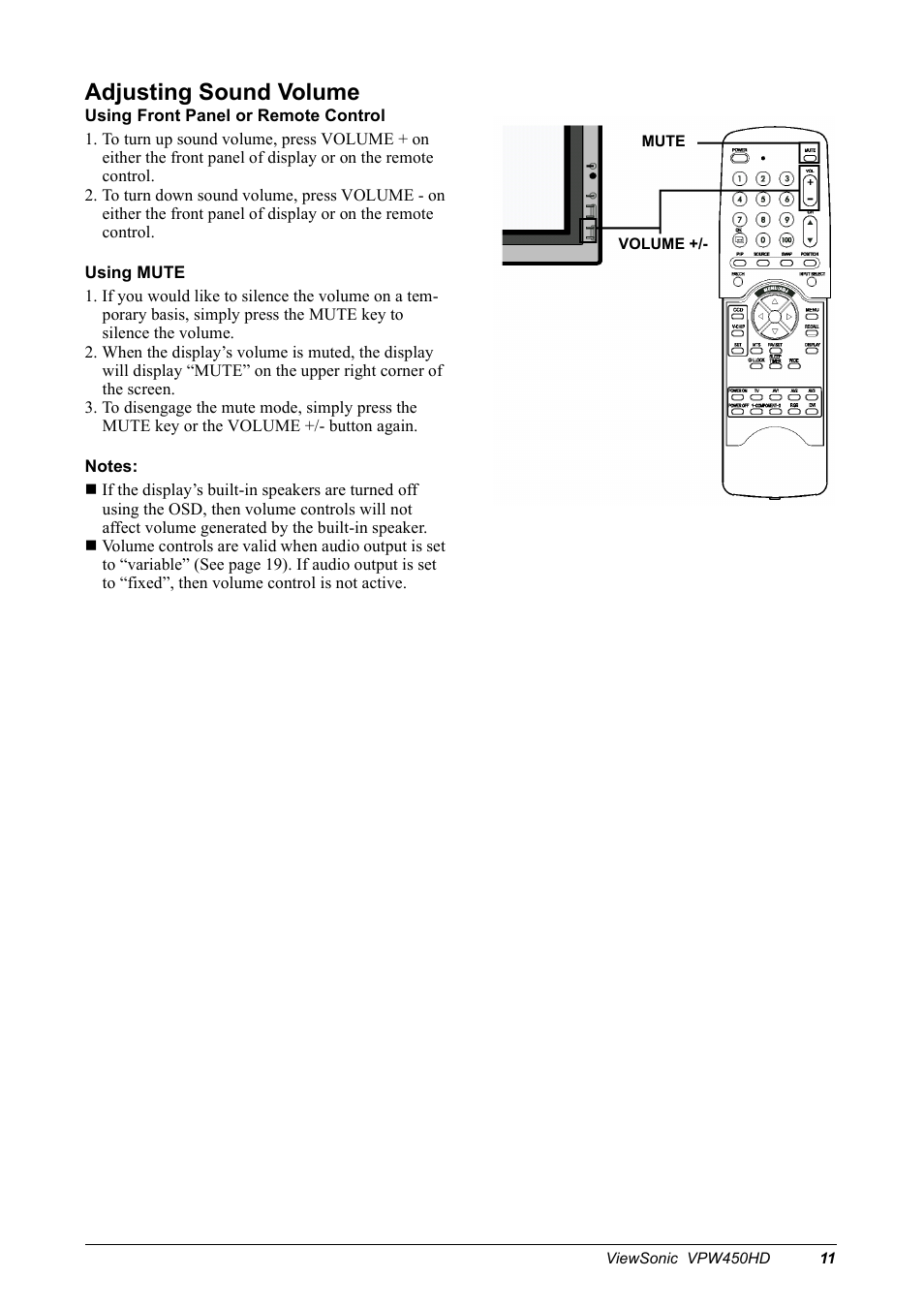 Adjusting sound volume | VIEWSONIC VPW450HD User Manual | Page 13 / 48