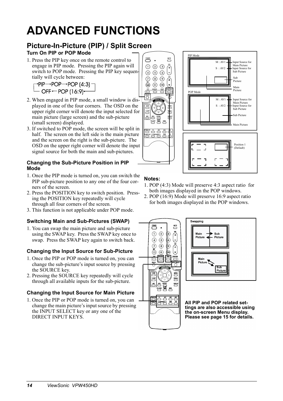 Advanced functions, Picture-in-picture (pip) / split screen | VIEWSONIC VPW450HD User Manual | Page 16 / 48