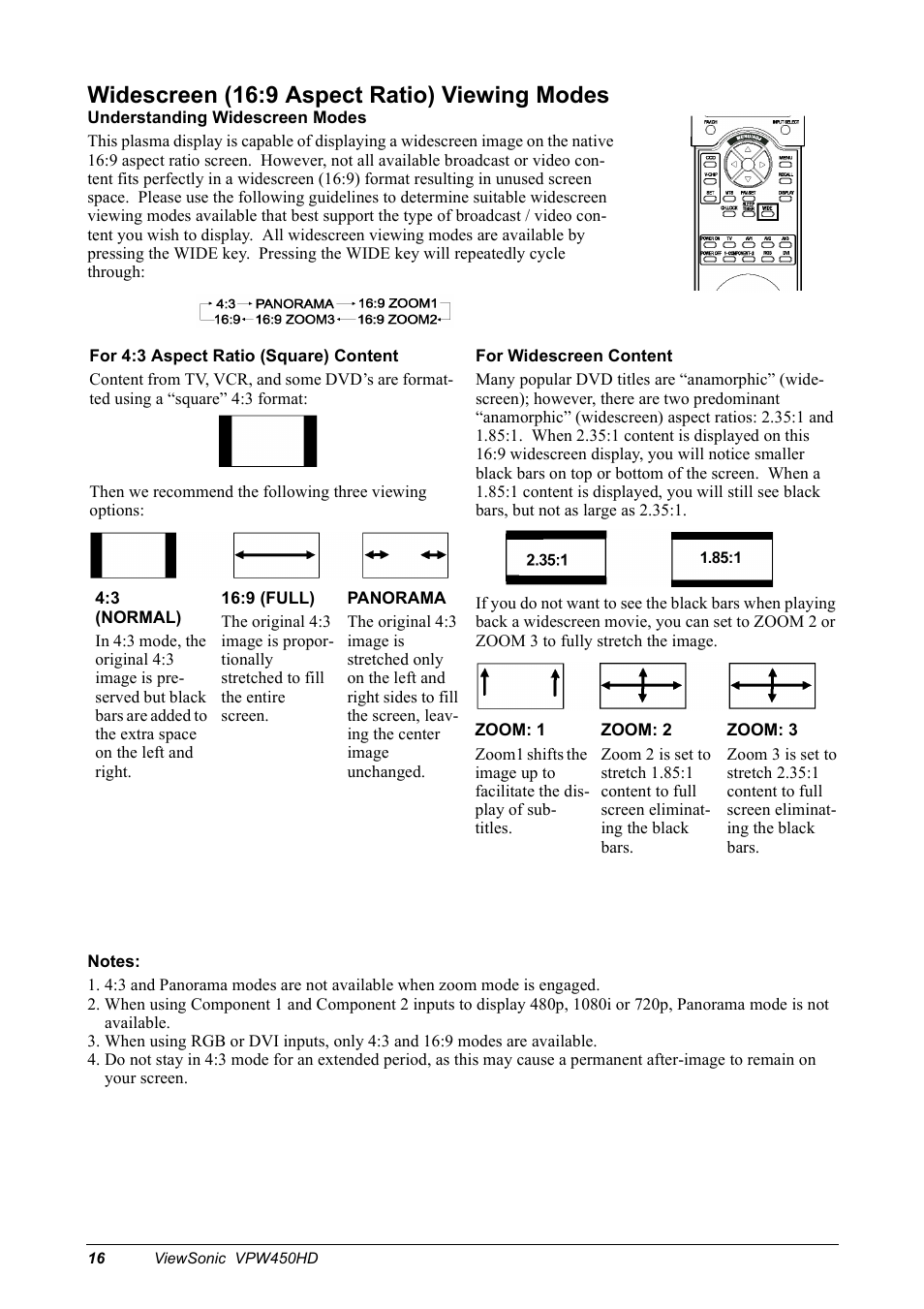 Widescreen (16:9 aspect ratio) viewing modes | VIEWSONIC VPW450HD User Manual | Page 18 / 48