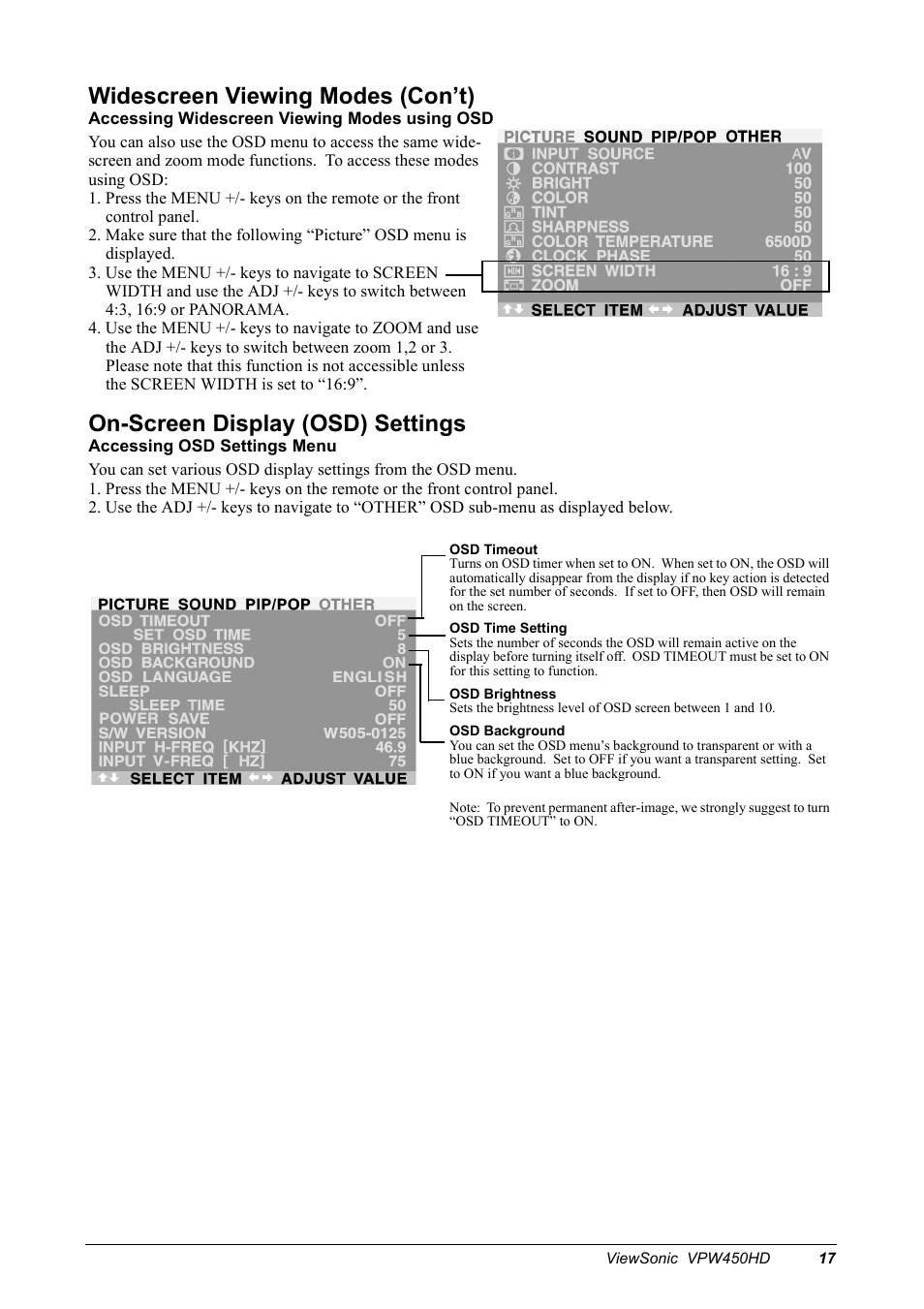 Widescreen viewing modes (con’t), On-screen display (osd) settings | VIEWSONIC VPW450HD User Manual | Page 19 / 48