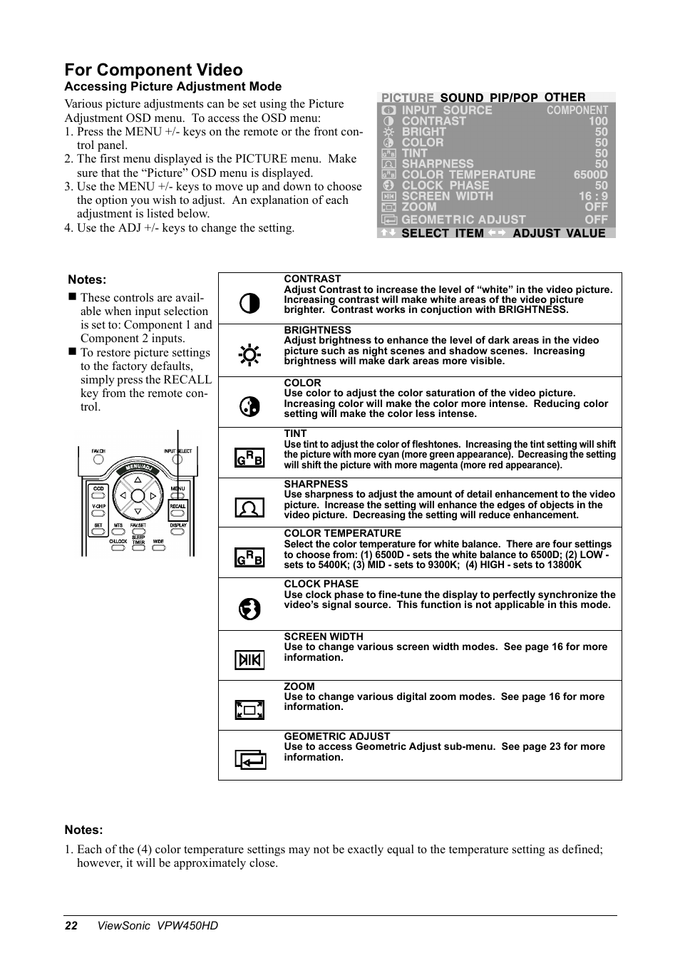 For component video | VIEWSONIC VPW450HD User Manual | Page 24 / 48