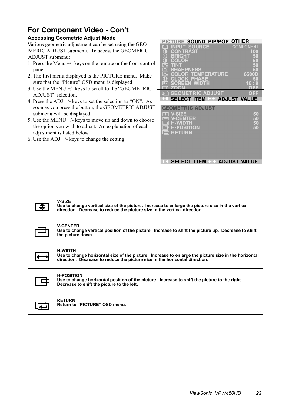 For component video - con’t | VIEWSONIC VPW450HD User Manual | Page 25 / 48