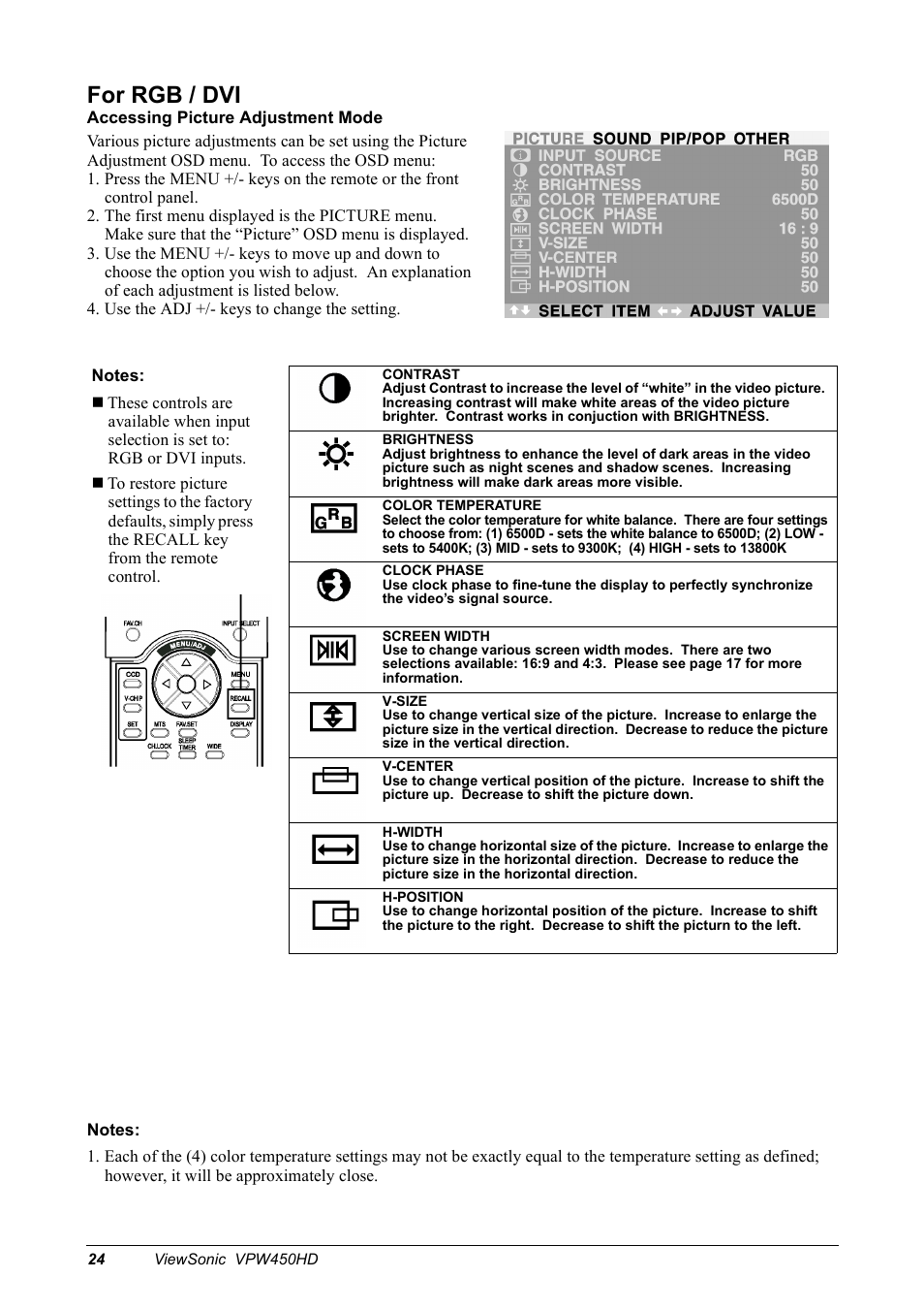 For rgb / dvi | VIEWSONIC VPW450HD User Manual | Page 26 / 48