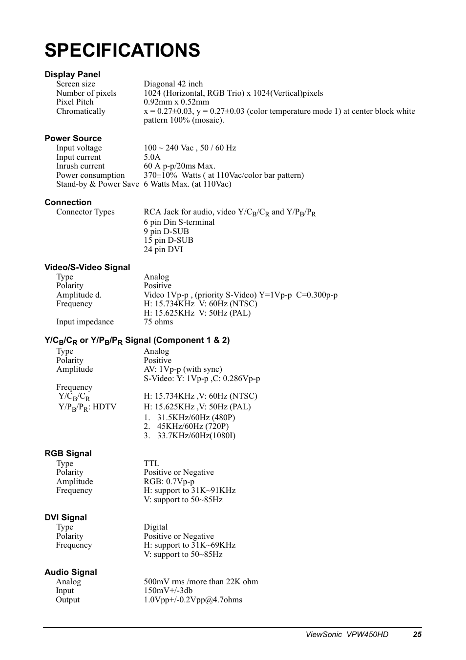 Specifications | VIEWSONIC VPW450HD User Manual | Page 27 / 48