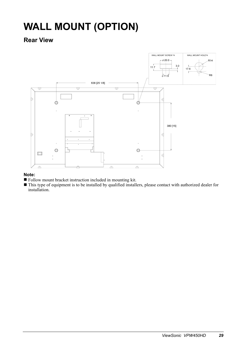 Wall mount (option), Rear view | VIEWSONIC VPW450HD User Manual | Page 31 / 48