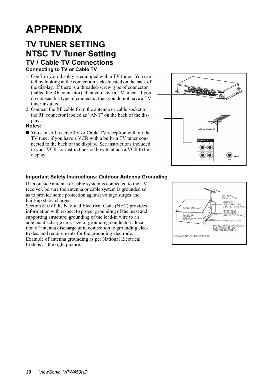 Appendix, Tv tuner setting ntsc tv tuner setting, Tv / cable tv connections | VIEWSONIC VPW450HD User Manual | Page 32 / 48