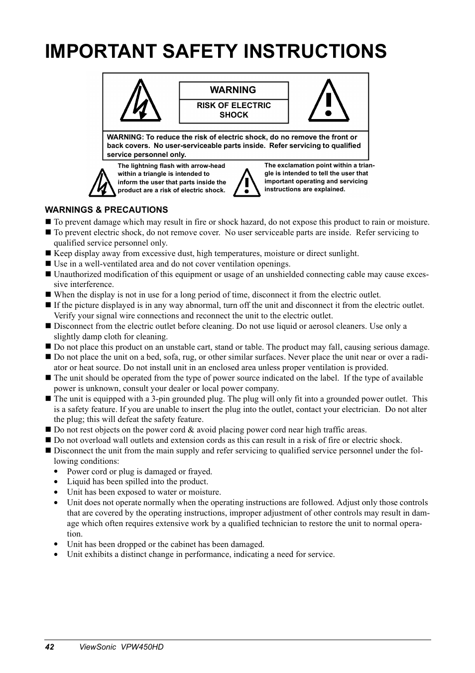 Important safety instructions | VIEWSONIC VPW450HD User Manual | Page 44 / 48