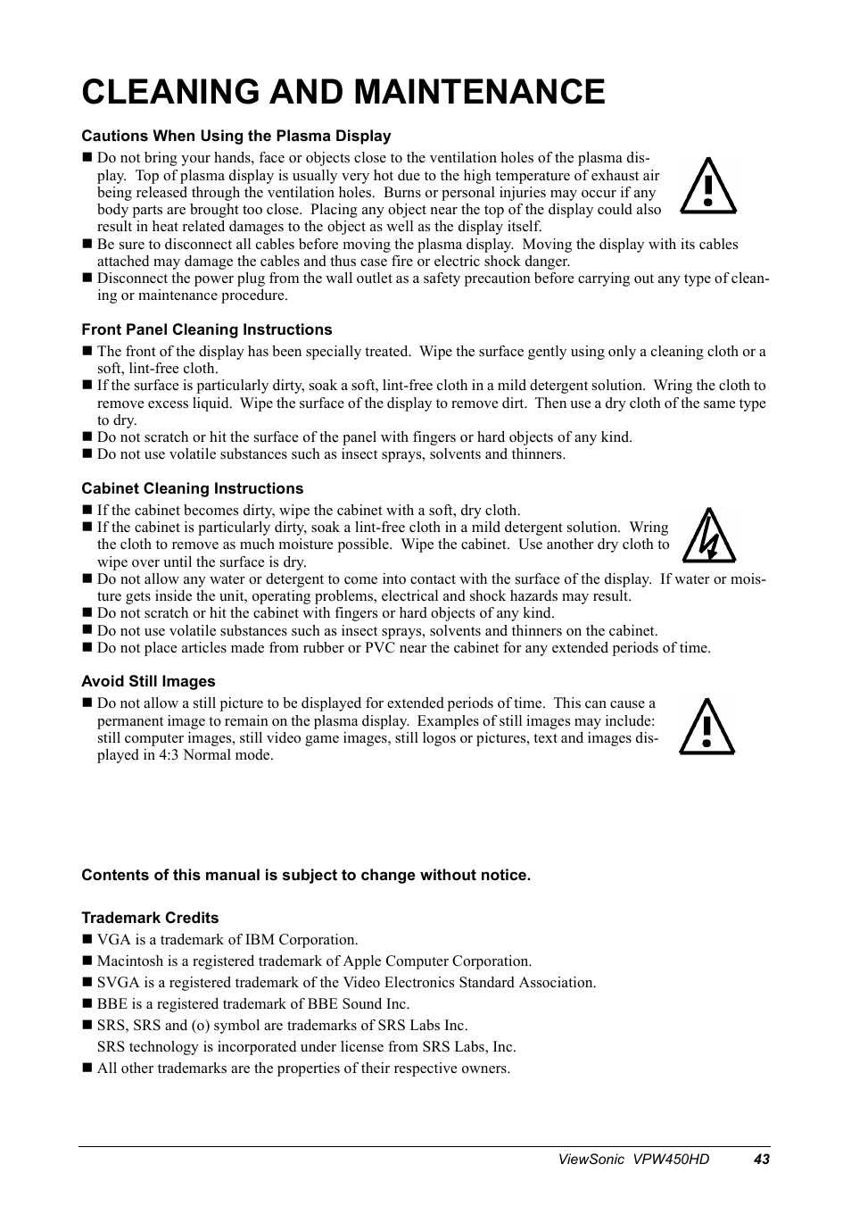 Cleaning and maintenance | VIEWSONIC VPW450HD User Manual | Page 45 / 48