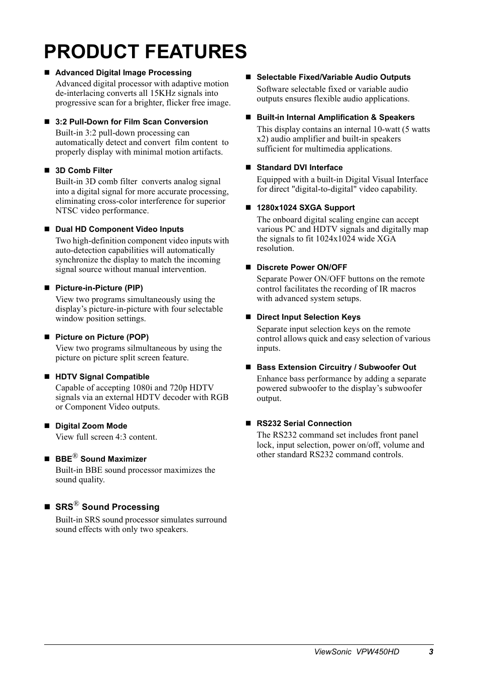 Product features | VIEWSONIC VPW450HD User Manual | Page 5 / 48