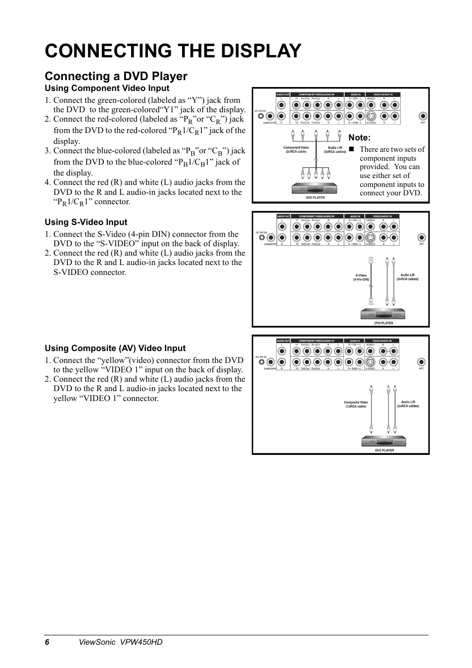 Connecting the display, Connecting a dvd player | VIEWSONIC VPW450HD User Manual | Page 8 / 48