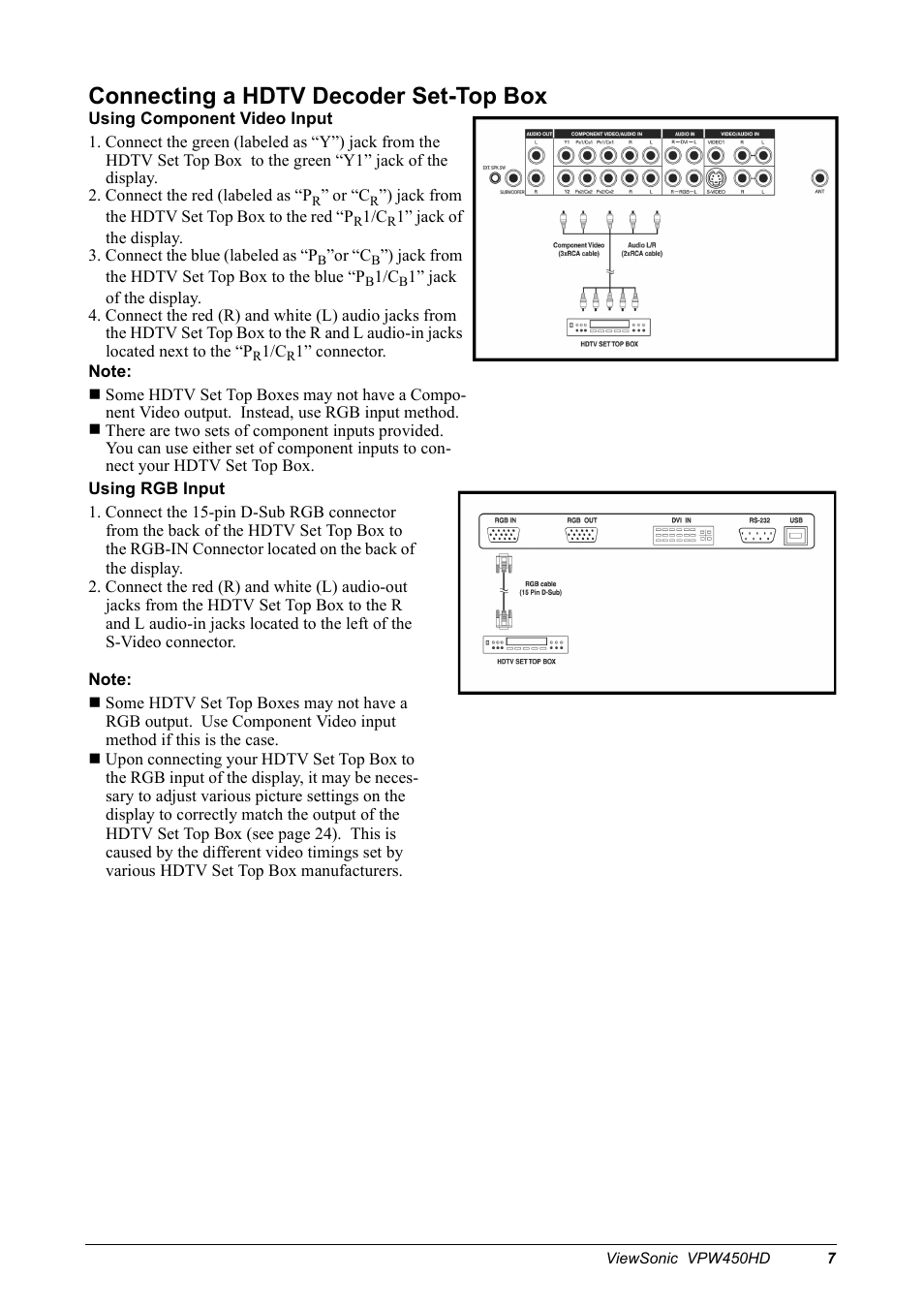 Connecting a hdtv decoder set-top box | VIEWSONIC VPW450HD User Manual | Page 9 / 48