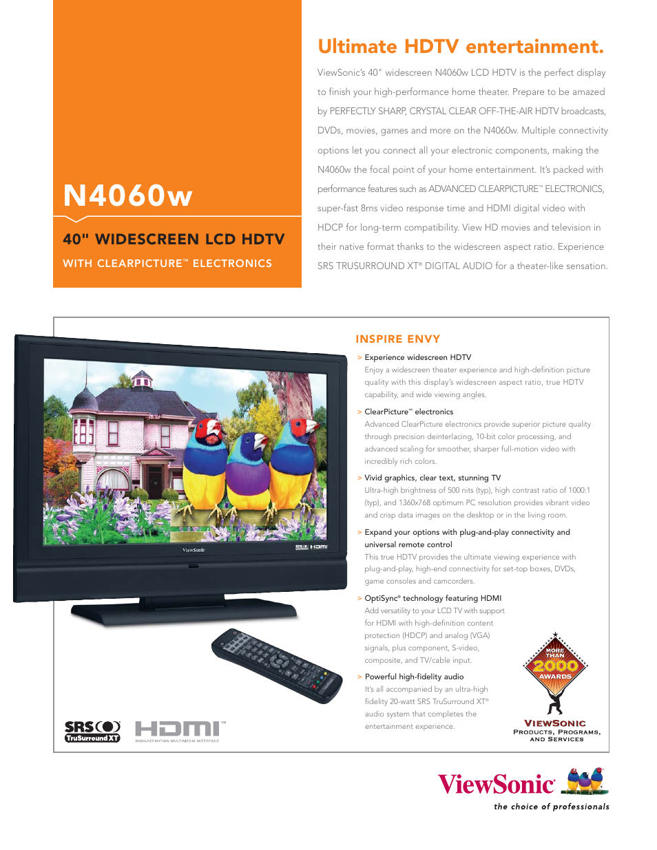 VIEWSONIC LCD HDTV N4060w User Manual | 2 pages