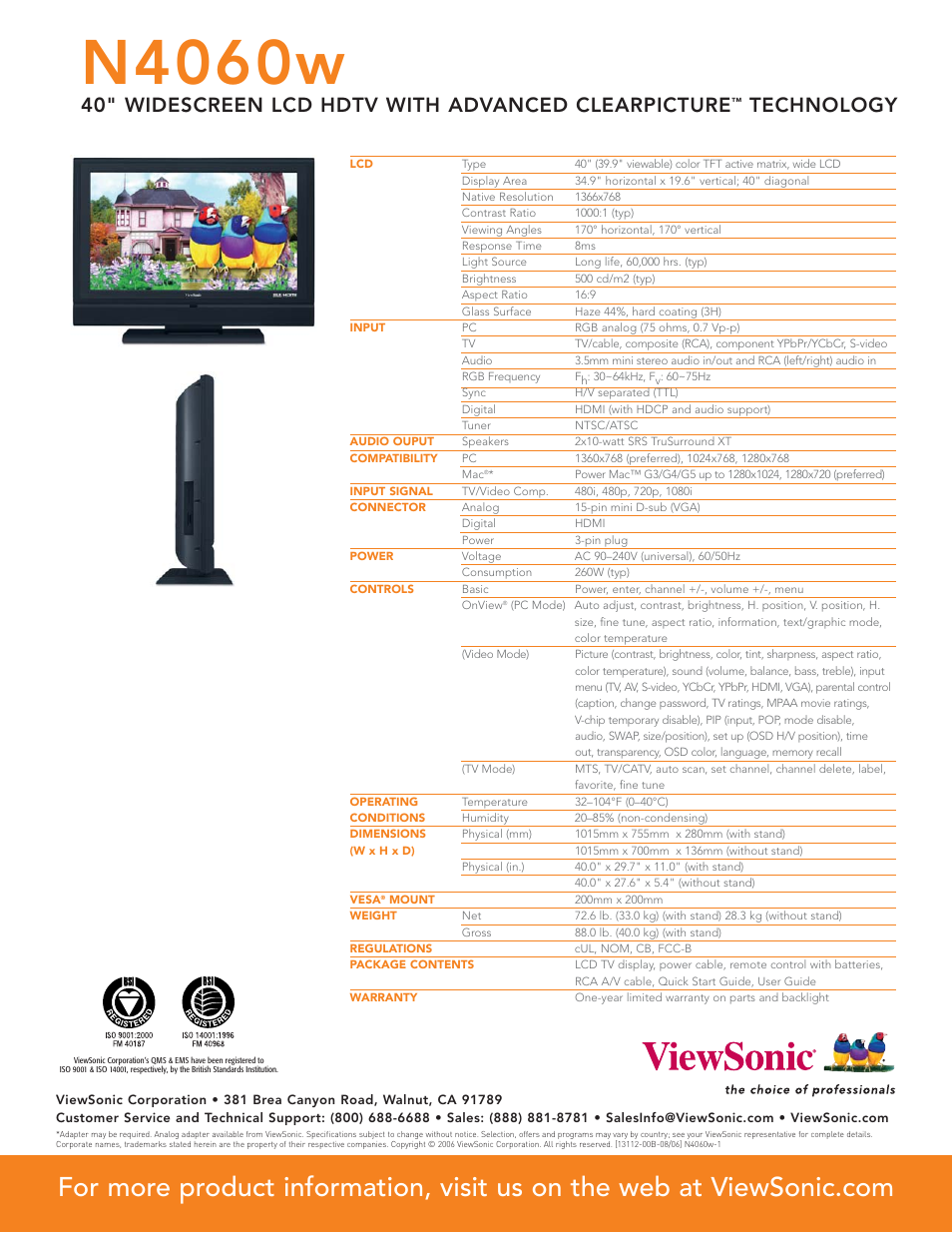 N4060w, 40" widescreen lcd hdtv with advanced clearpicture, Technology | VIEWSONIC LCD HDTV N4060w User Manual | Page 2 / 2