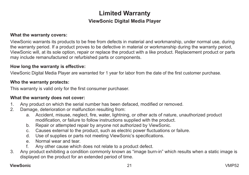 Limited warranty | VIEWSONIC VS12840 User Manual | Page 26 / 28