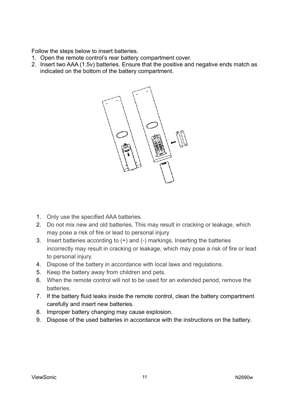 Remote control battery installation, Caution | VIEWSONIC VS12276-1G User Manual | Page 13 / 26