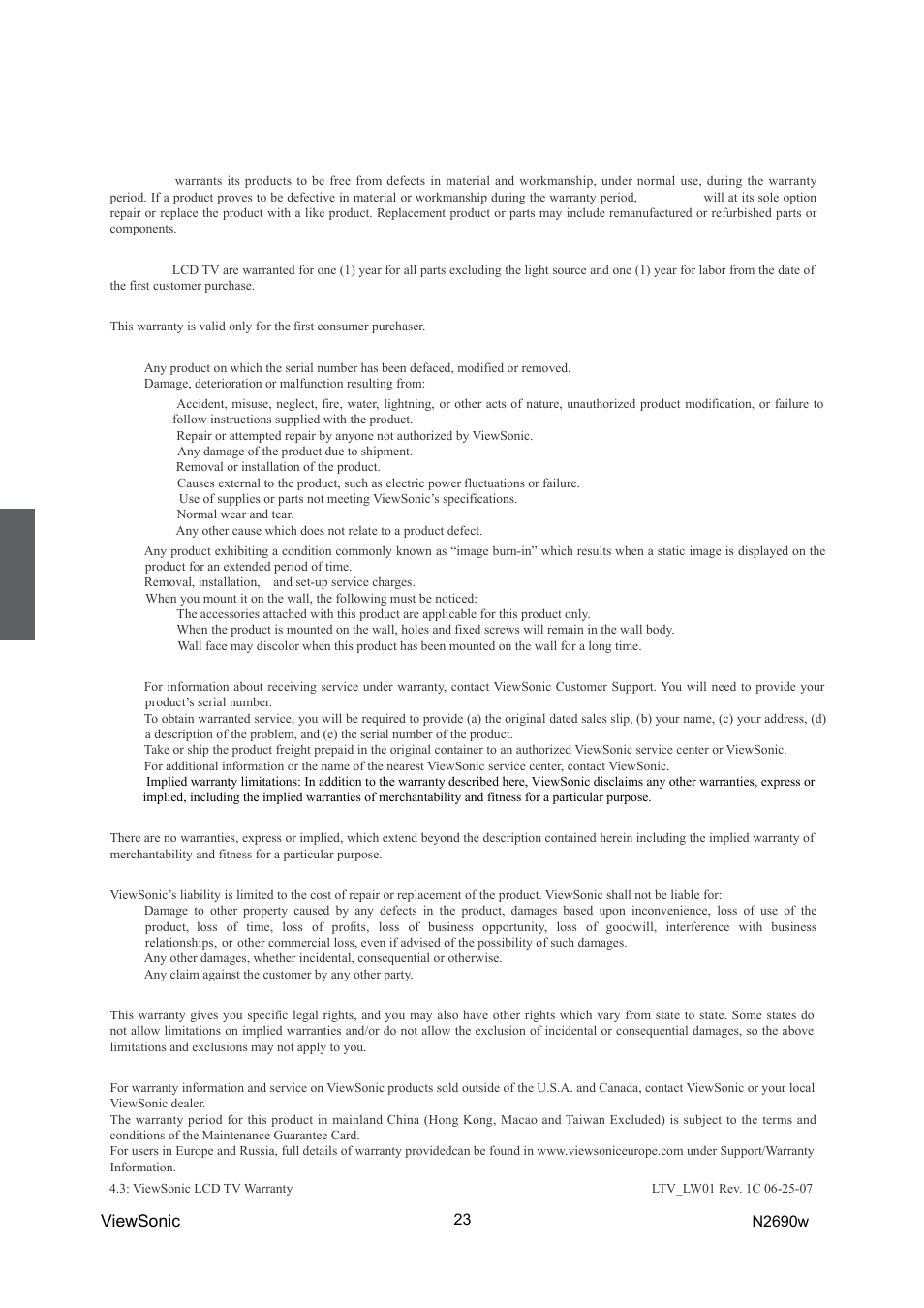 Limited warranty, English, Lcd tv | Viewsonic | VIEWSONIC VS12276-1G User Manual | Page 25 / 26
