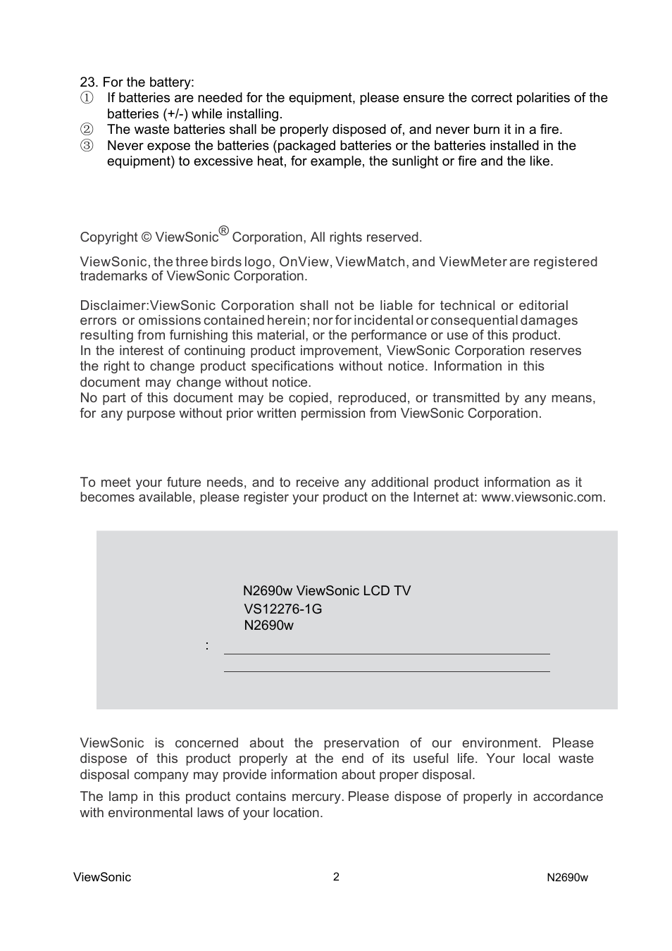 For your record, Copyright information, Product registration | VIEWSONIC VS12276-1G User Manual | Page 4 / 26