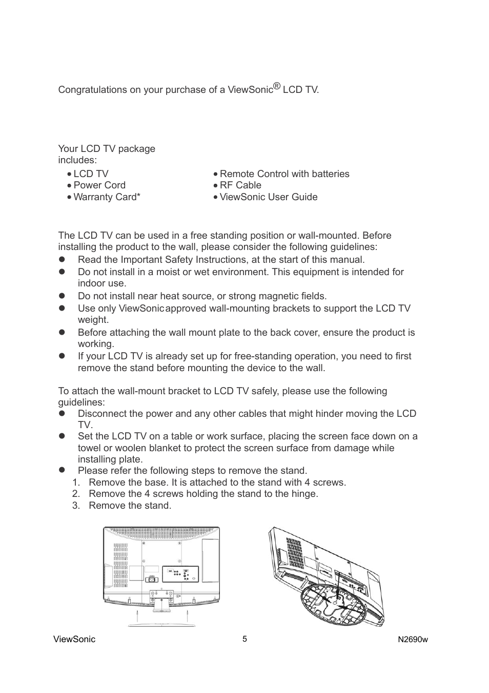 Getting started, Package contents, Mounting viewsonic lcd tv to the wall | VIEWSONIC VS12276-1G User Manual | Page 7 / 26