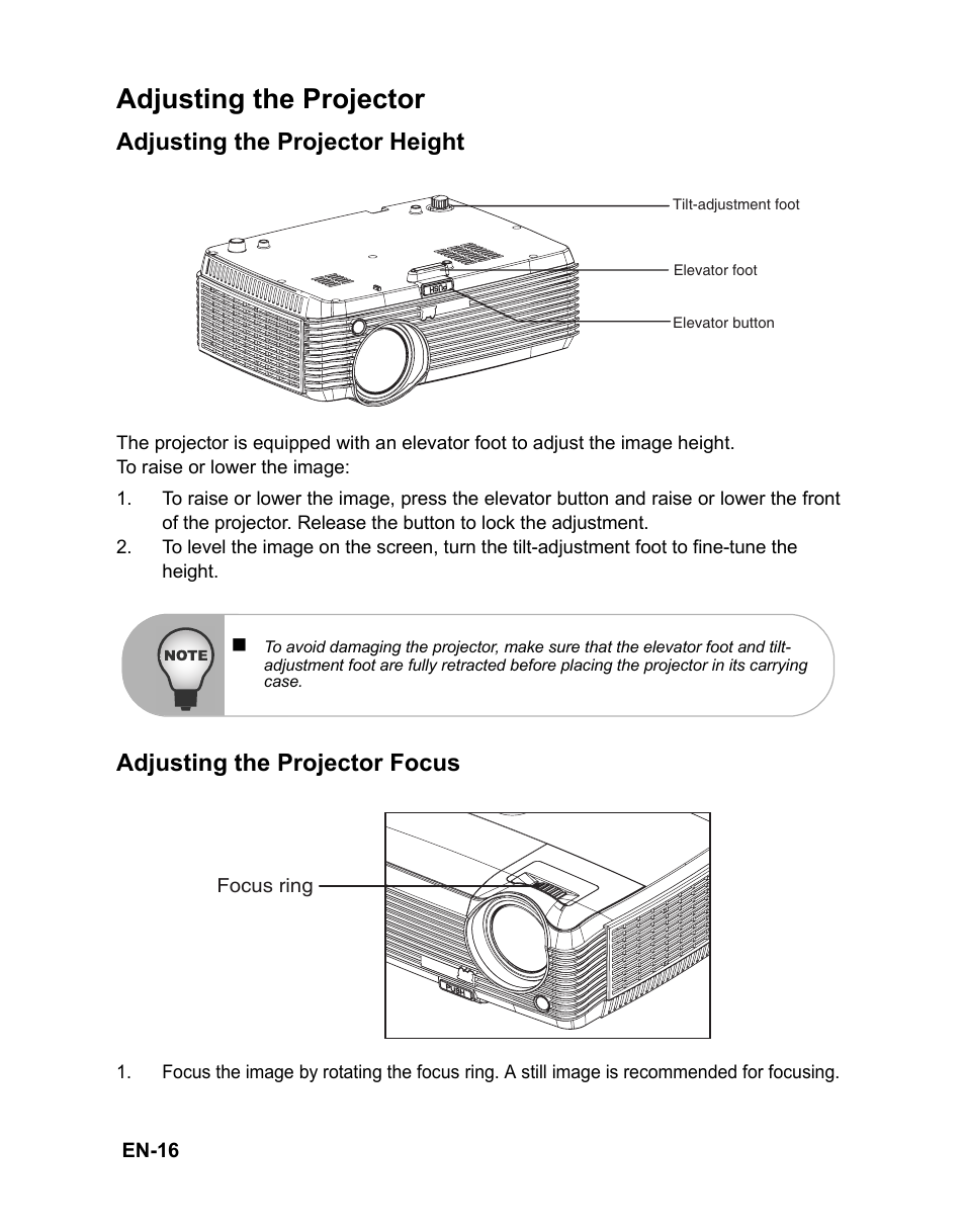 Adjusting the projector, Adjusting the projector height, Adjusting the projector focus | Connecting the projector | VIEWSONIC PJD6381 User Manual | Page 19 / 59