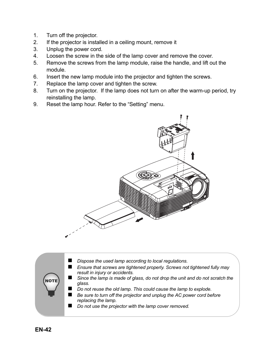 Turn off the projector, Unplug the power cord, Replace the lamp cover and tighten the screw | Reset the lamp hour. refer to the “setting” menu | VIEWSONIC PJD6381 User Manual | Page 45 / 59