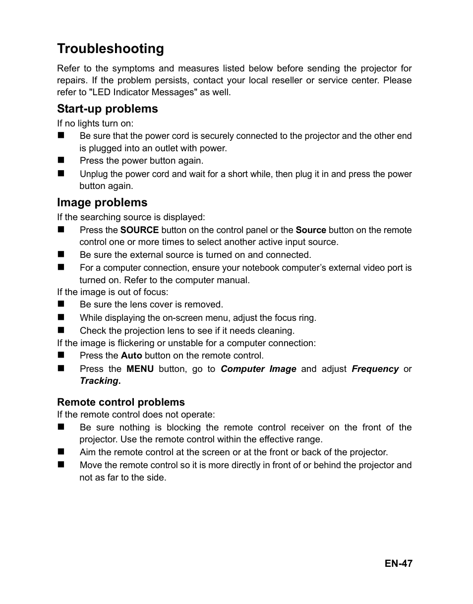 Troubleshooting, Start-up problems, Image problems | Compatibility modes | VIEWSONIC PJD6381 User Manual | Page 50 / 59
