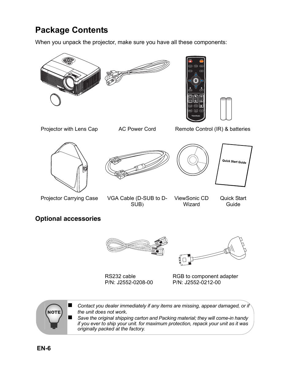 Package contents, Projector with lens cap, Ac power cord | VIEWSONIC PJD6381 User Manual | Page 9 / 59