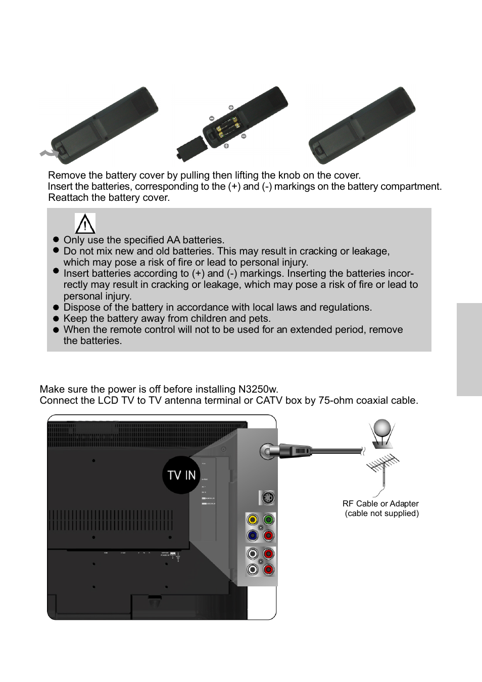 Caution, Installation, Insert remote control batteries | Connecting with the antenna | VIEWSONIC N3250w User Manual | Page 20 / 56