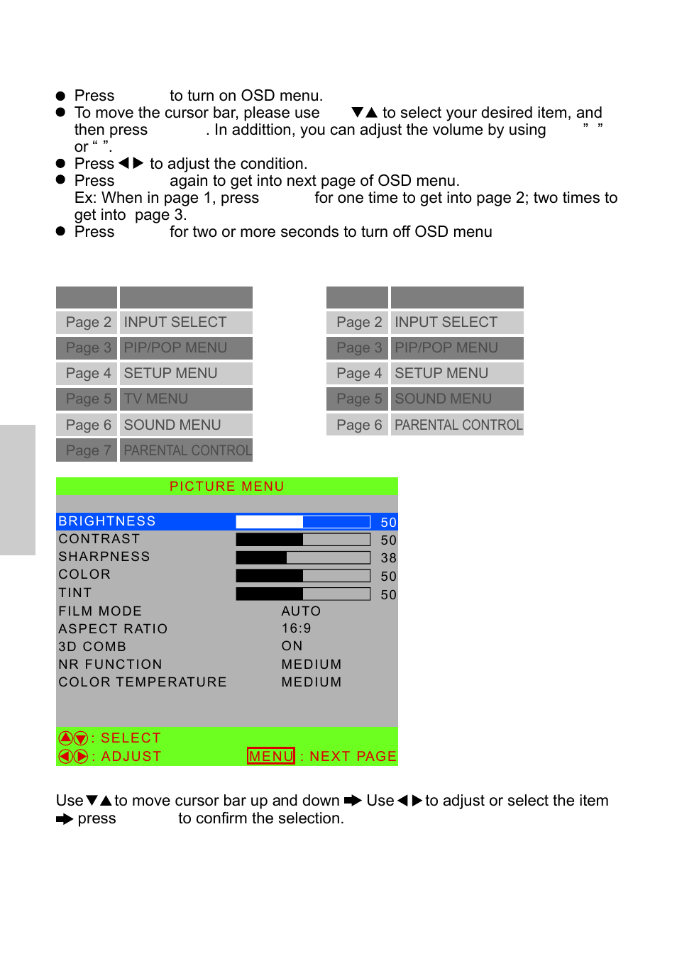 Osd functions, Source input: tv, Source input: av, s-video, ycbcr | VIEWSONIC N3250w User Manual | Page 29 / 56