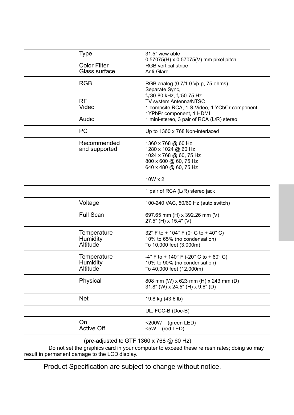 Other information, Specifications | VIEWSONIC N3250w User Manual | Page 50 / 56