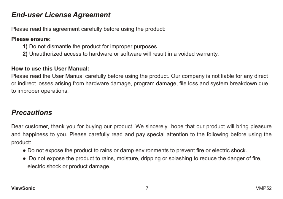 End-user license agreement, Precautions | VIEWSONIC vmp52 vs12840 User Manual | Page 12 / 28