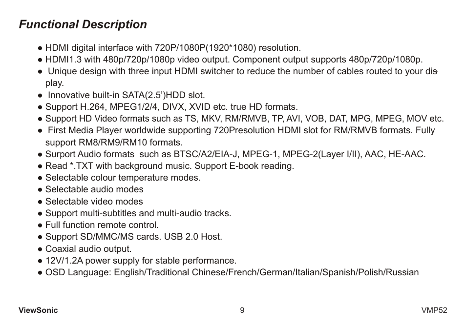 Functional description | VIEWSONIC vmp52 vs12840 User Manual | Page 14 / 28
