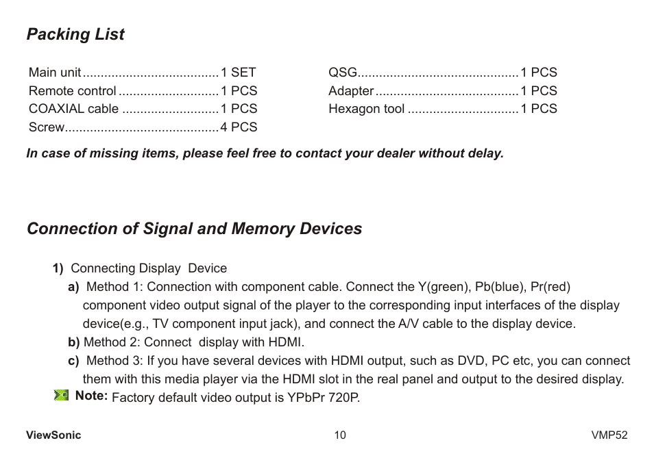 Packing list | VIEWSONIC vmp52 vs12840 User Manual | Page 15 / 28